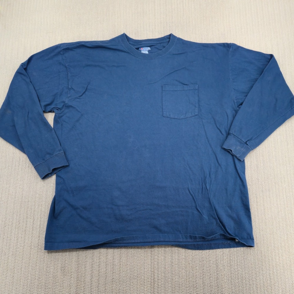 Russell Athletic Shirt Mens XL Blue Long Sleeve Pocket Tee Crewneck Blank Casual